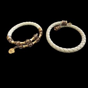 Alex and Ani Vintage Sixty Six Cream Leather Wrap Bracelet